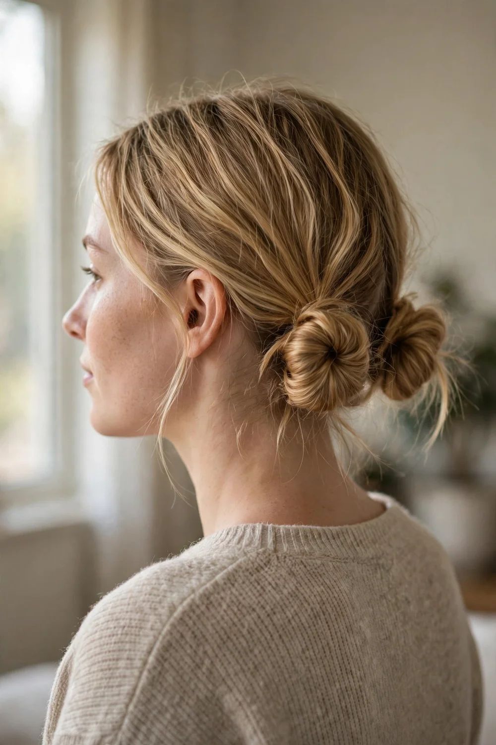 Woman with golden blonde medium-length hair in low space buns