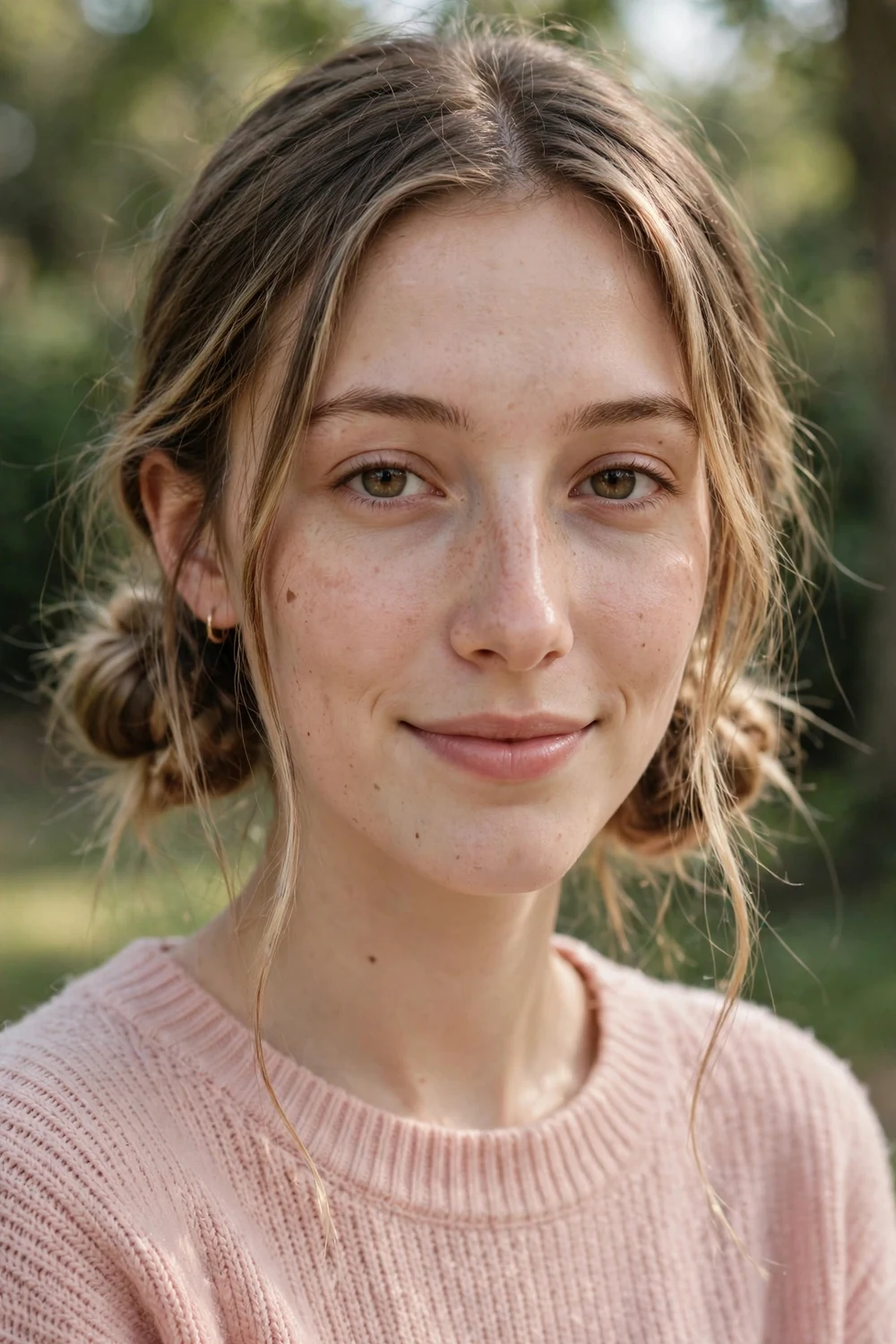 Woman with a long oval face wearing two low space buns at the sides with curtain tendrils