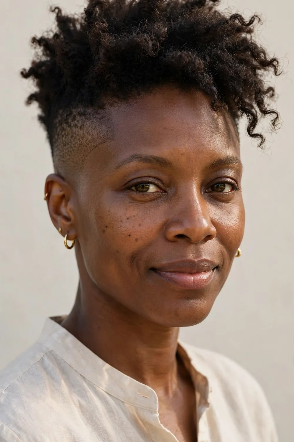 Black woman in her thirties with a low taper fade, longer top fading to short sides