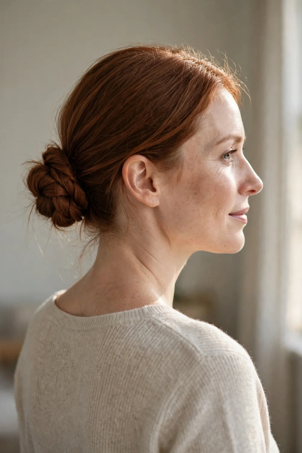 Woman with auburn medium-length hair in a low twisted bun