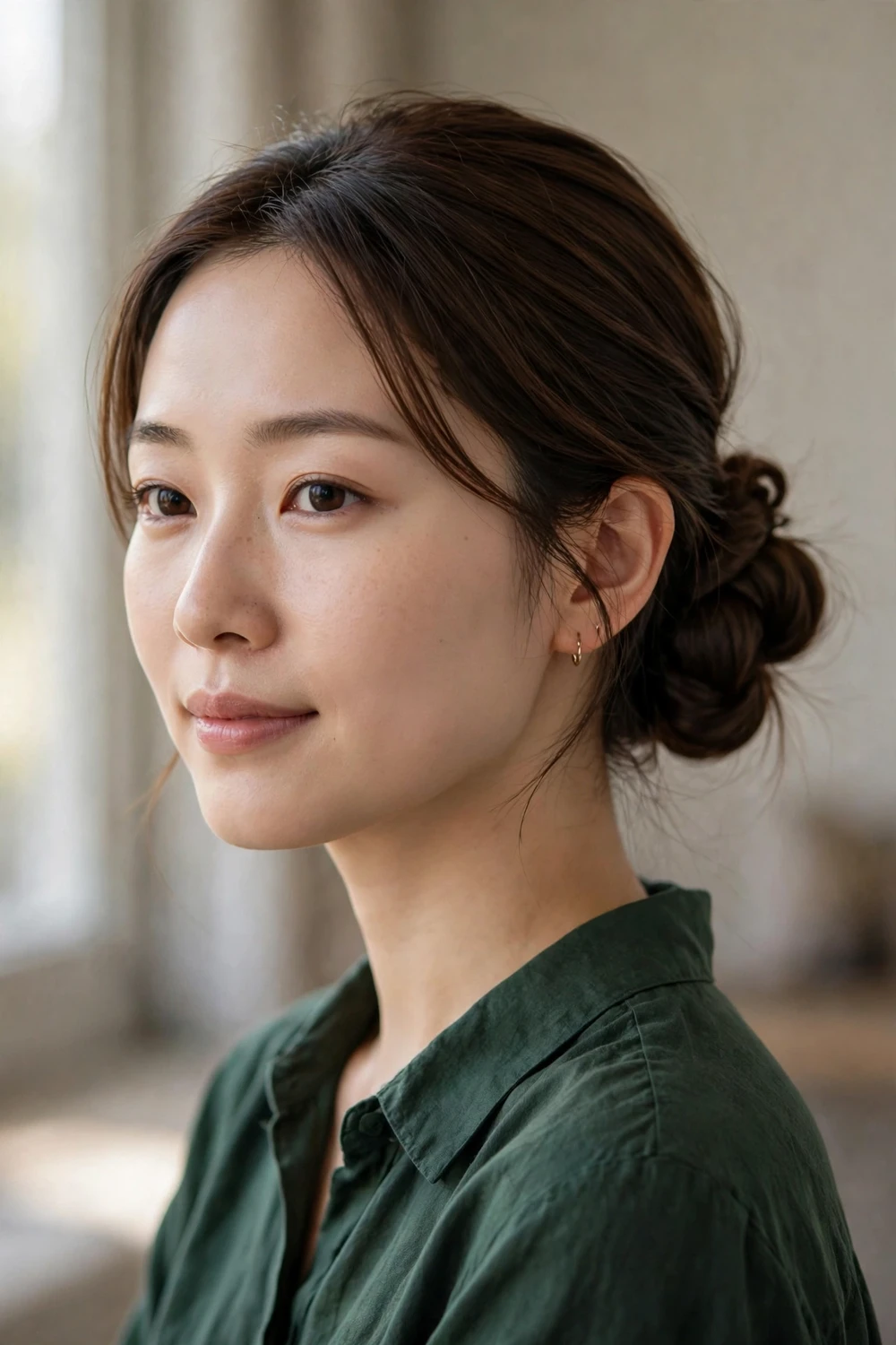 Elegant low twisted bun updo on medium-length dark brown hair, twisted sections coiled at the nape