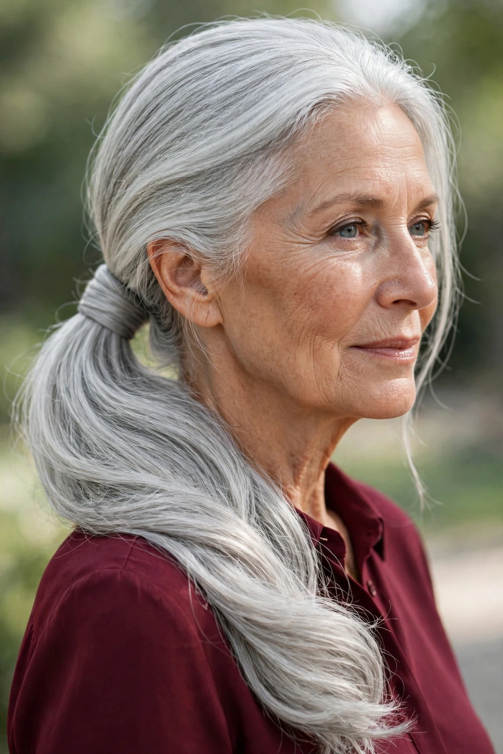 Woman in her late 60s with low wrapped ponytail, back view
