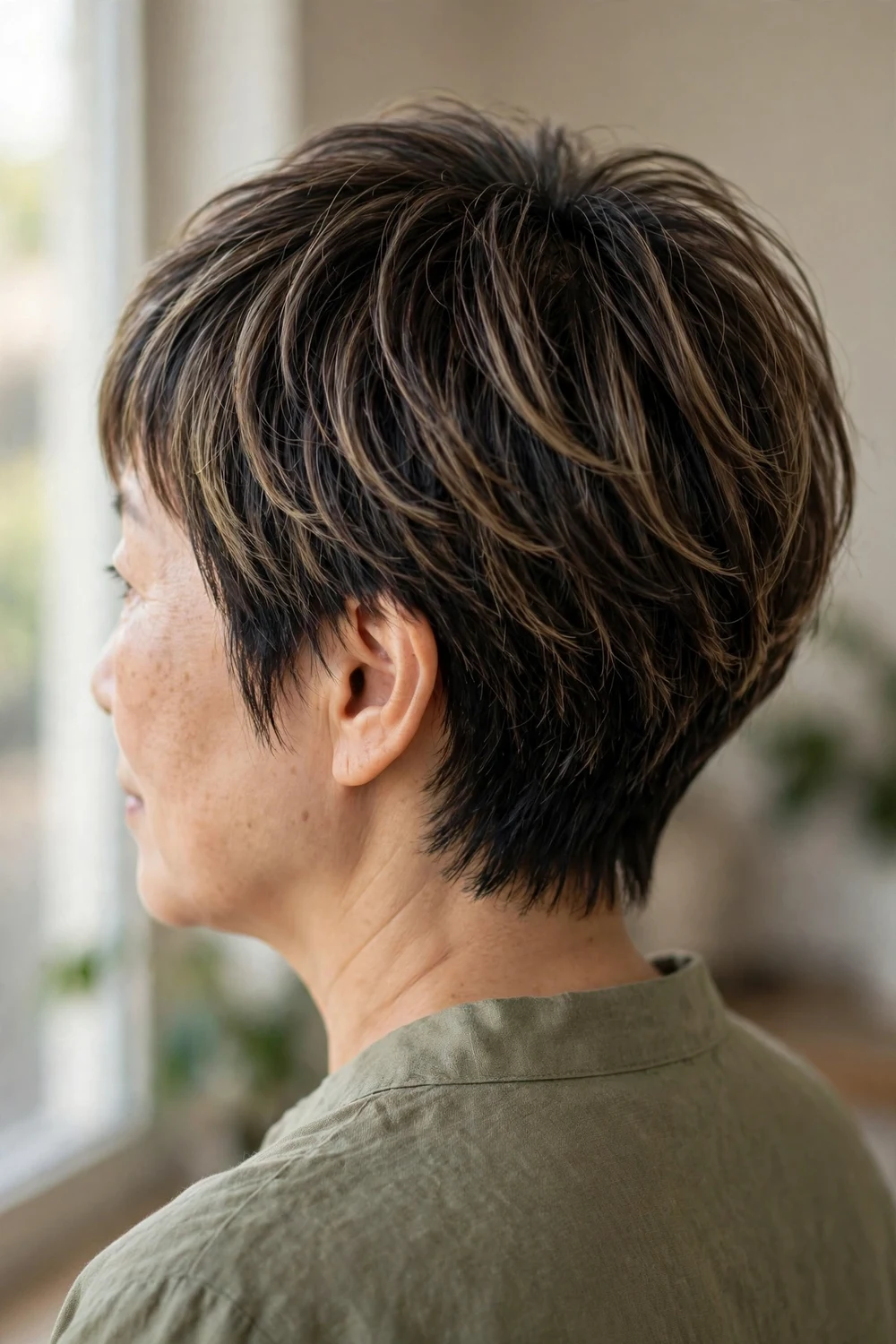 Back view of a pixie with lowlights and a dark root fade on a woman over 50 with thin dark brown hair