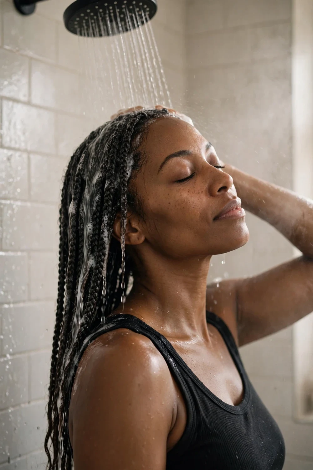Woman rinsing shampoo from her hair with lukewarm water in the shower