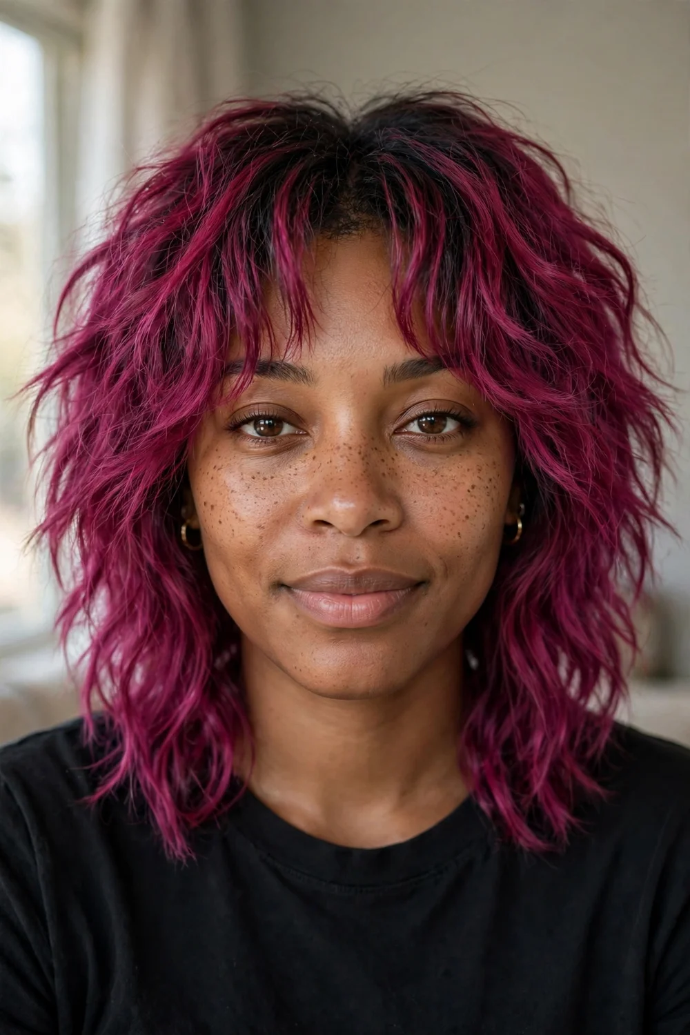 Magenta wolf cut with dark roots and curtain bangs on magenta medium hair