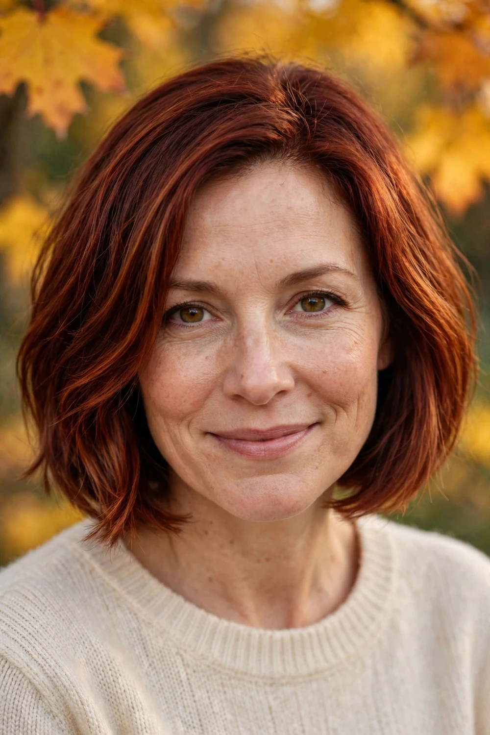 Woman with maple auburn fall hair color