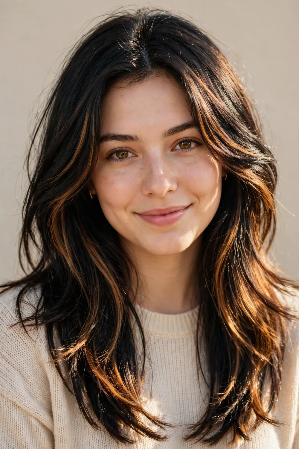 Woman with long layered black hair warmed by golden maple-brown highlights