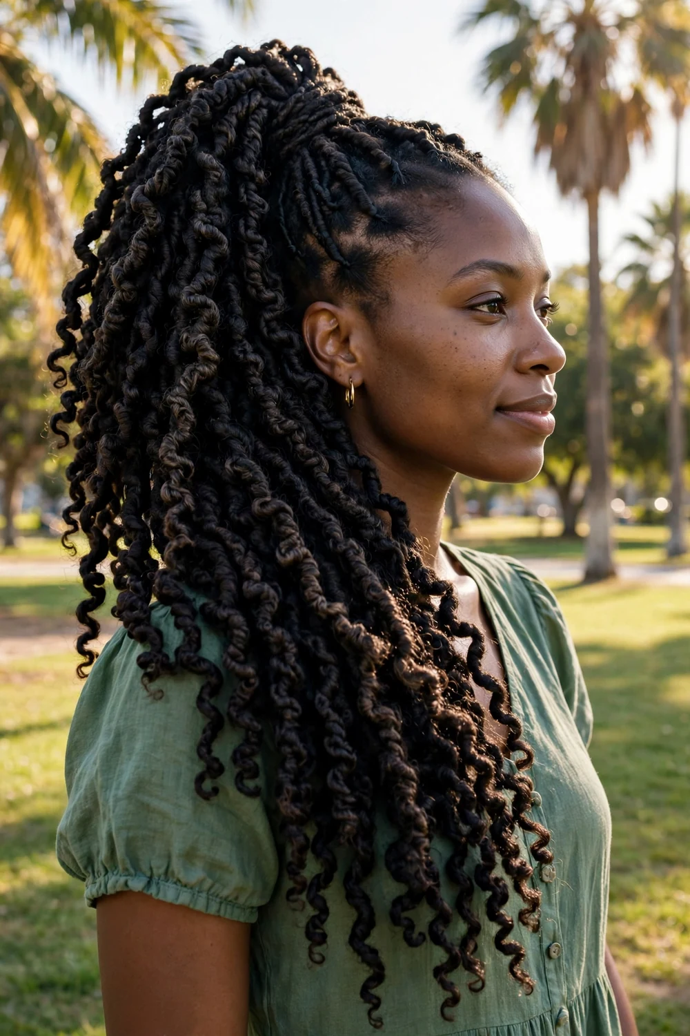Woman with a high Marley ponytail with kinky textured hair