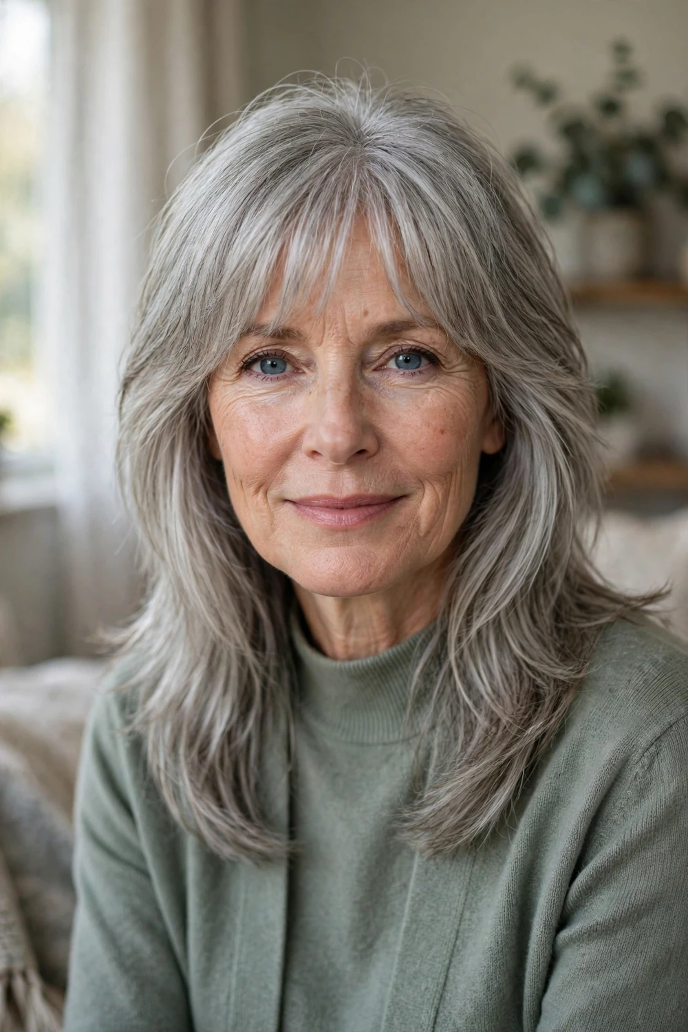 Woman over 50 with silver gray hair wearing a mature long shag haircut, soft graduation and gentle fringe