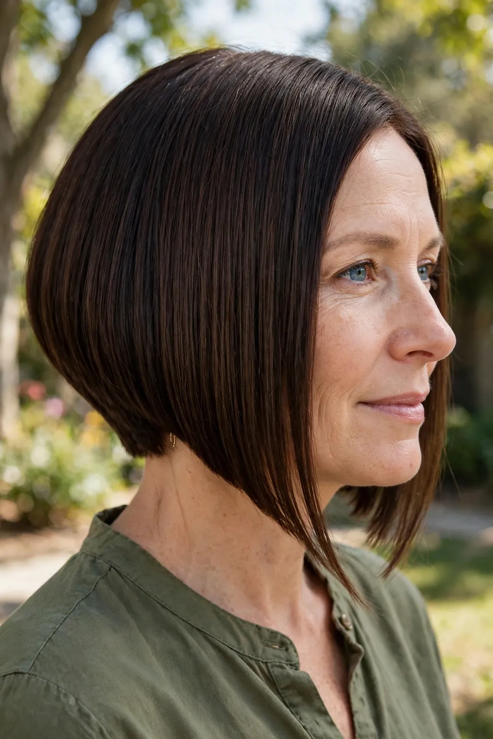 Woman with an A-line medium bob, angled cut longer in front and shorter behind