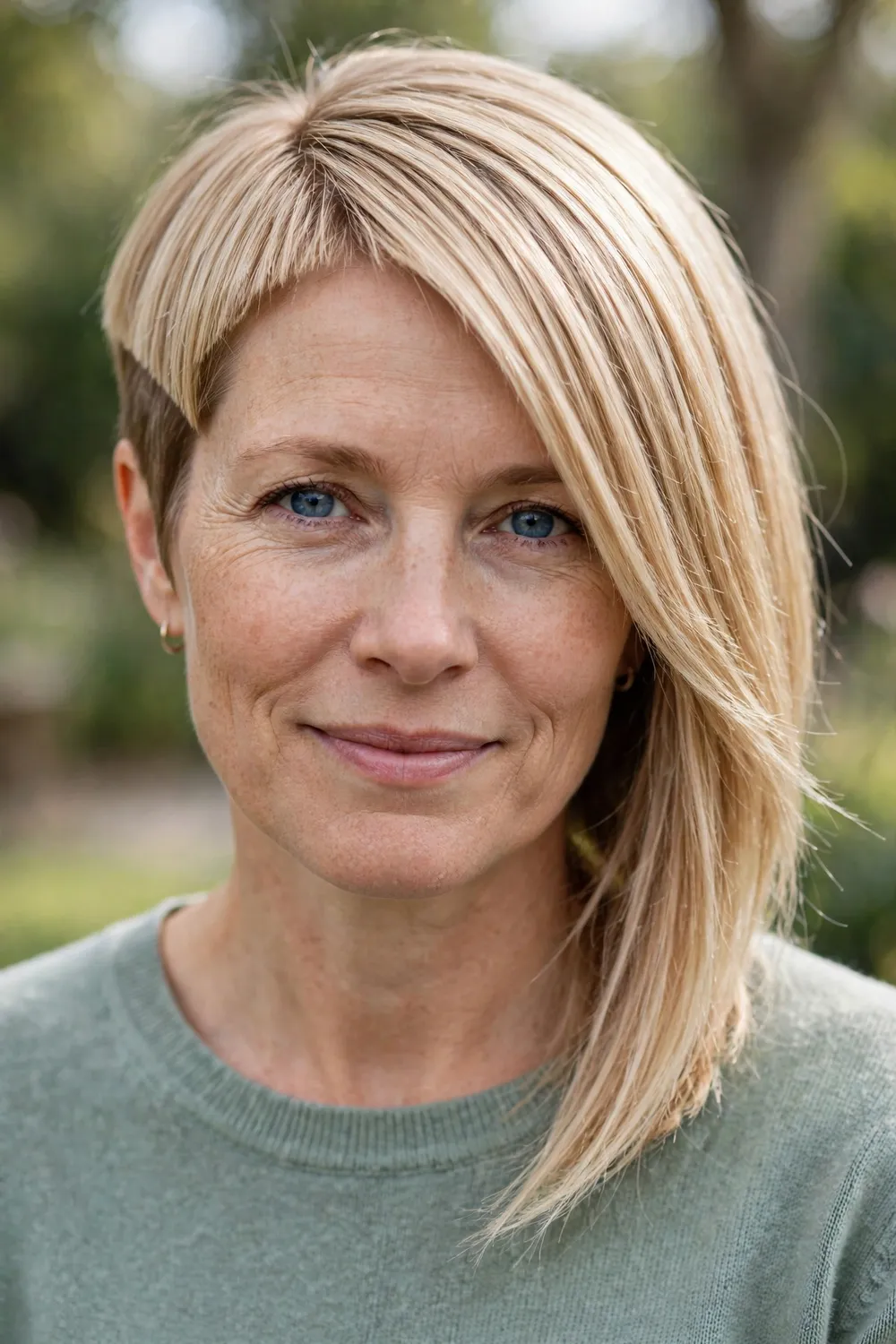 Woman with an asymmetrical medium bob, one side noticeably longer, geometric shape