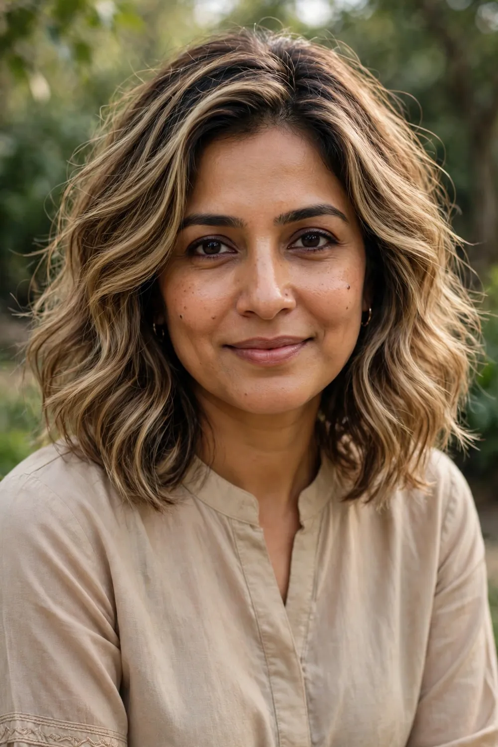 Woman with a beachy shaggy medium bob, tousled surfer texture and windswept waves