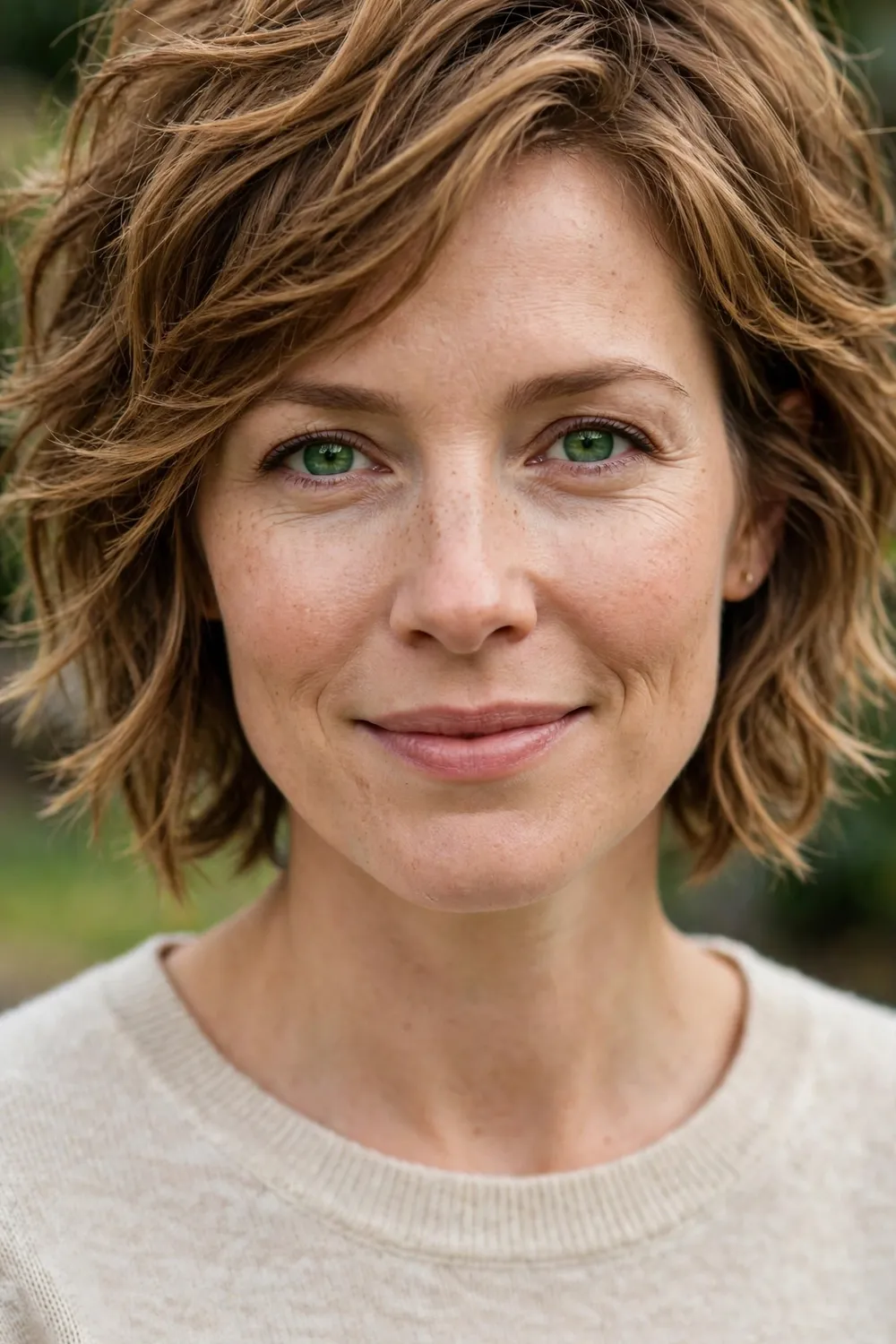 Woman with a blunt collarbone-length bob, ultra-chic straight-across ends