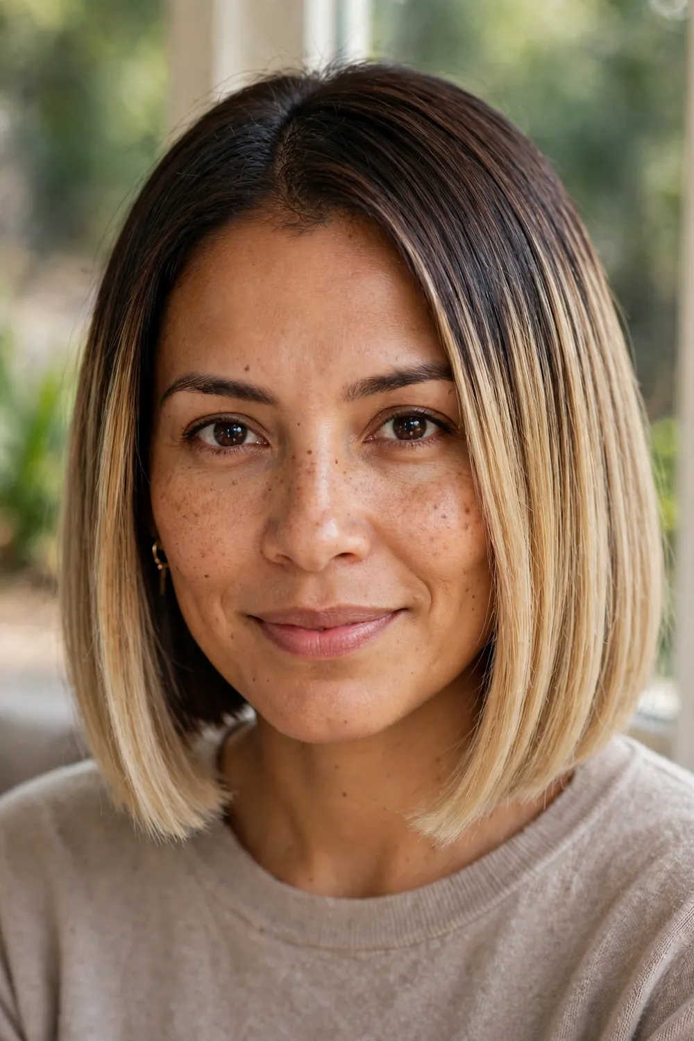 Woman with a blunt ombre medium bob, dark roots fading to light ends with sharp perimeter