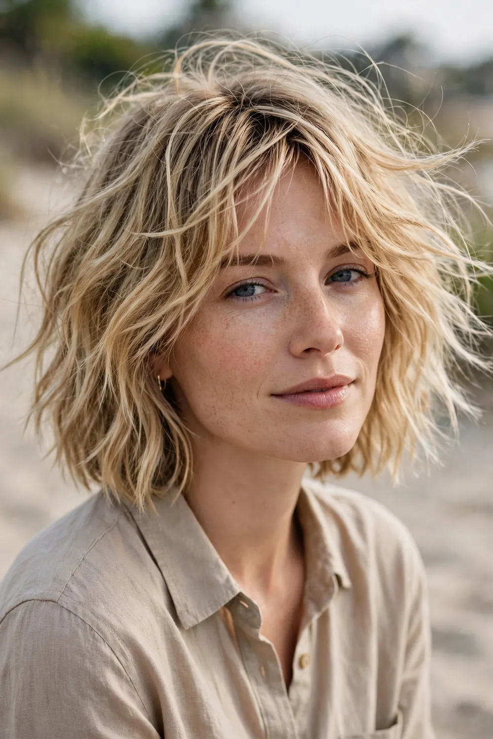 Woman with a bronde wavy medium bob, brown-blonde blend with soft messy waves