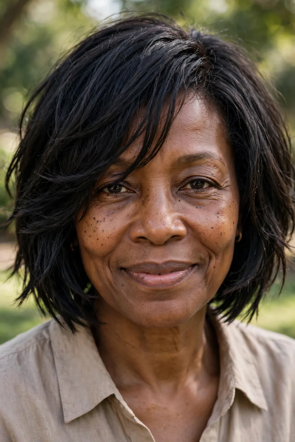 Woman with a choppy-layered lob, bold dimensional texture at shoulder length