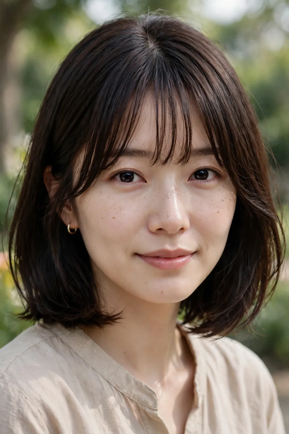 Woman with a medium bob and curtain fringe, soft face-framing bangs