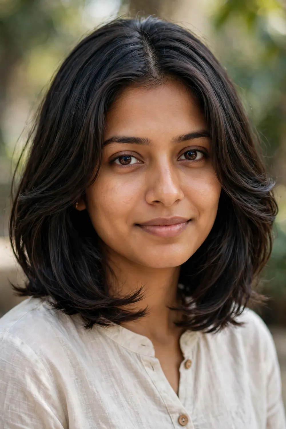 Woman with a curtain-layered medium bob, long parted layers blending into the cut