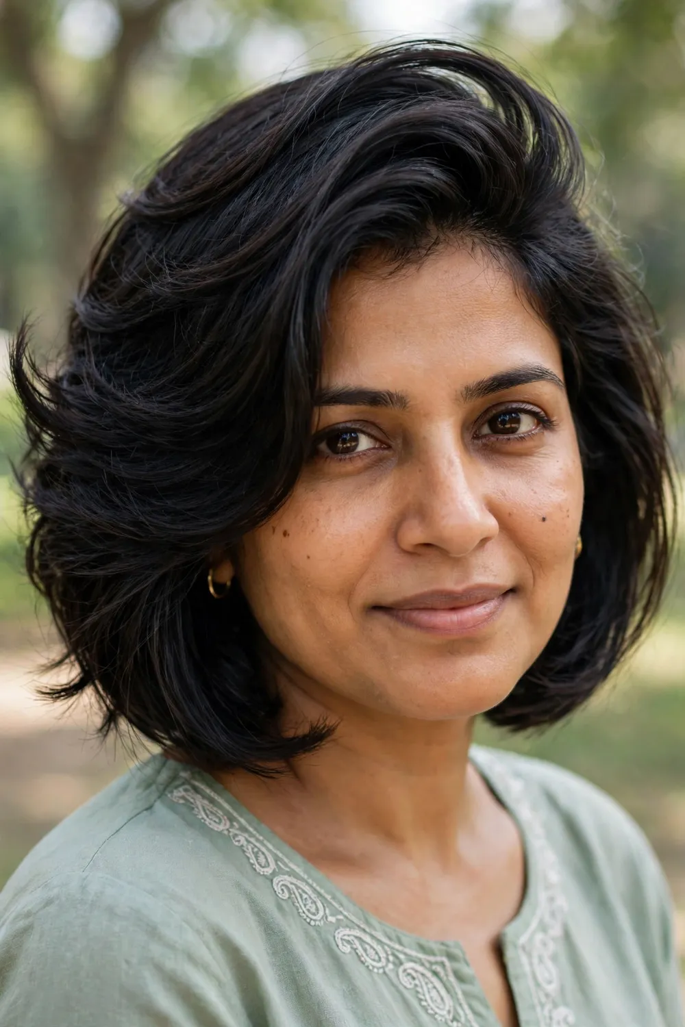 Woman with a deep side-parted medium bob, dramatic volume and asymmetry