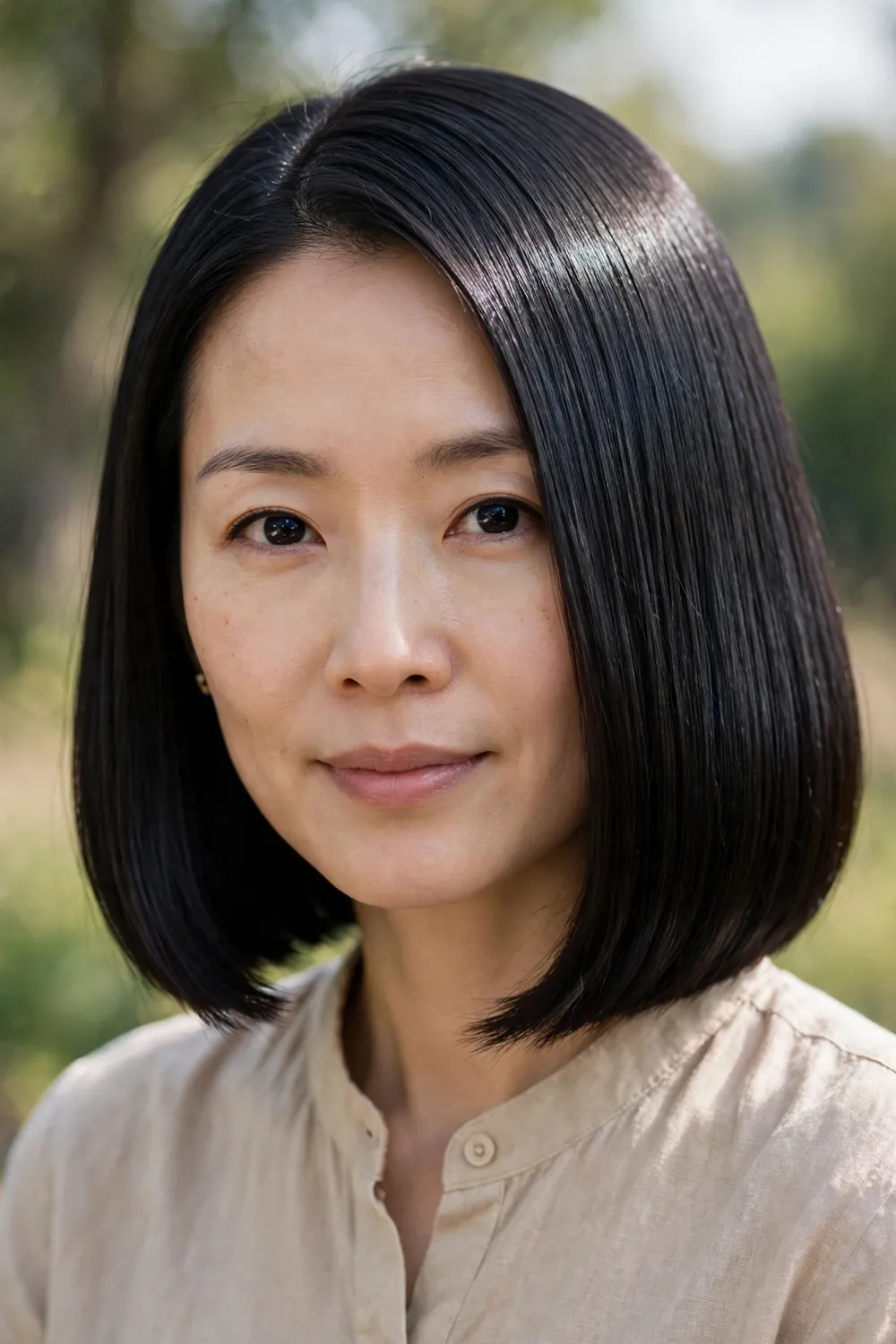 Woman with a glass-finish medium bob, mirror-shine straight hair at shoulder length
