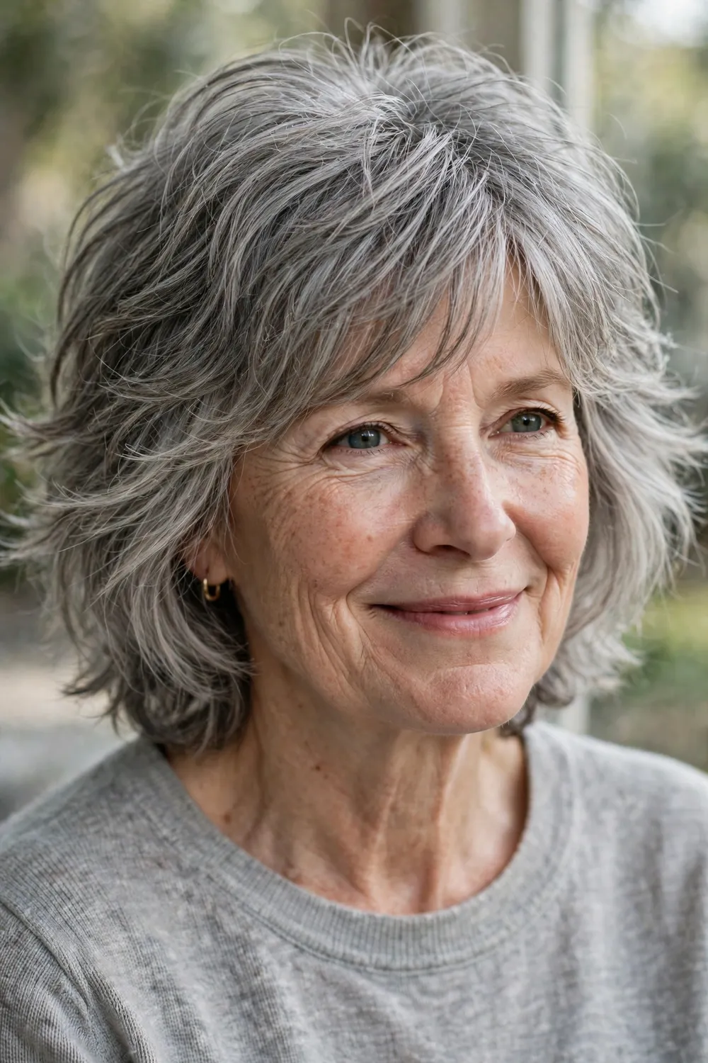 Woman with a gray shaggy medium bob, silver tones and airy shag layers