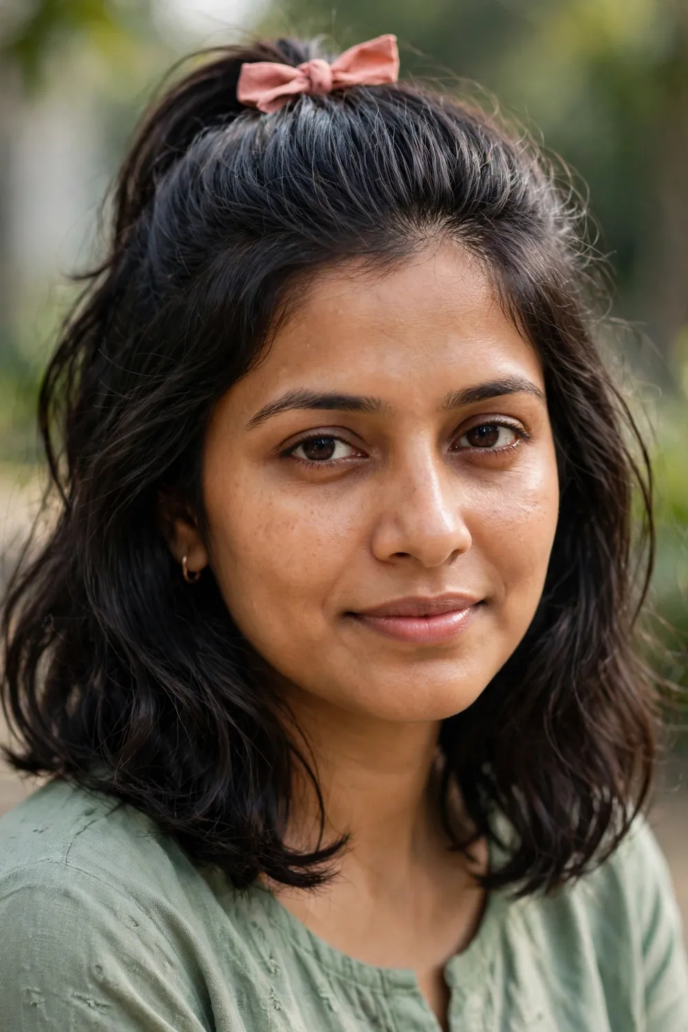 Woman with a medium bob in a half-up half-down style, top section tied with a bow