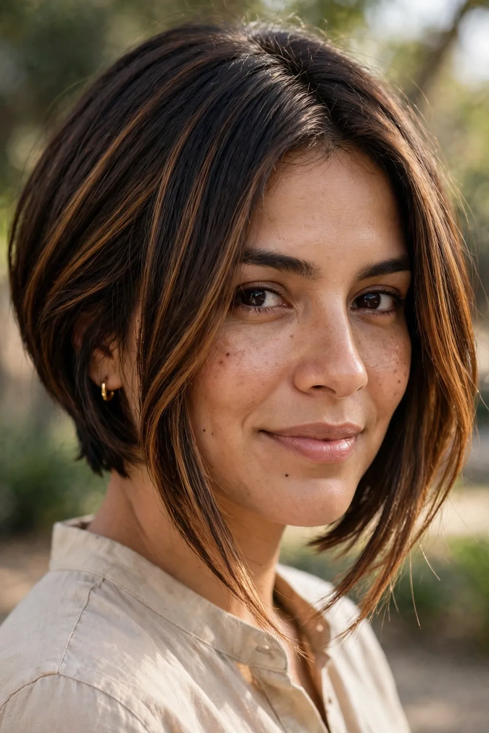 Woman with an inverted medium bob with caramel highlights, angled shape and warm accents
