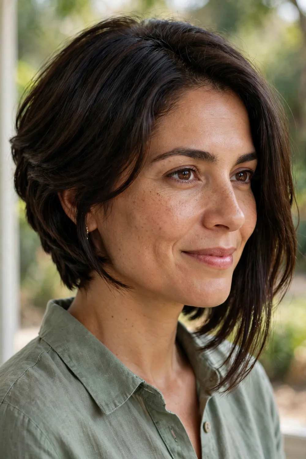Woman with an inverted medium bob, stacked short back angling to long front pieces