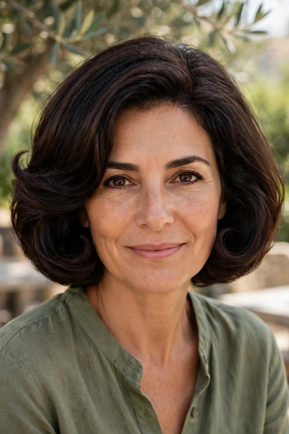 Woman with an Italian medium bob, voluminous rounded shape with curved-under ends