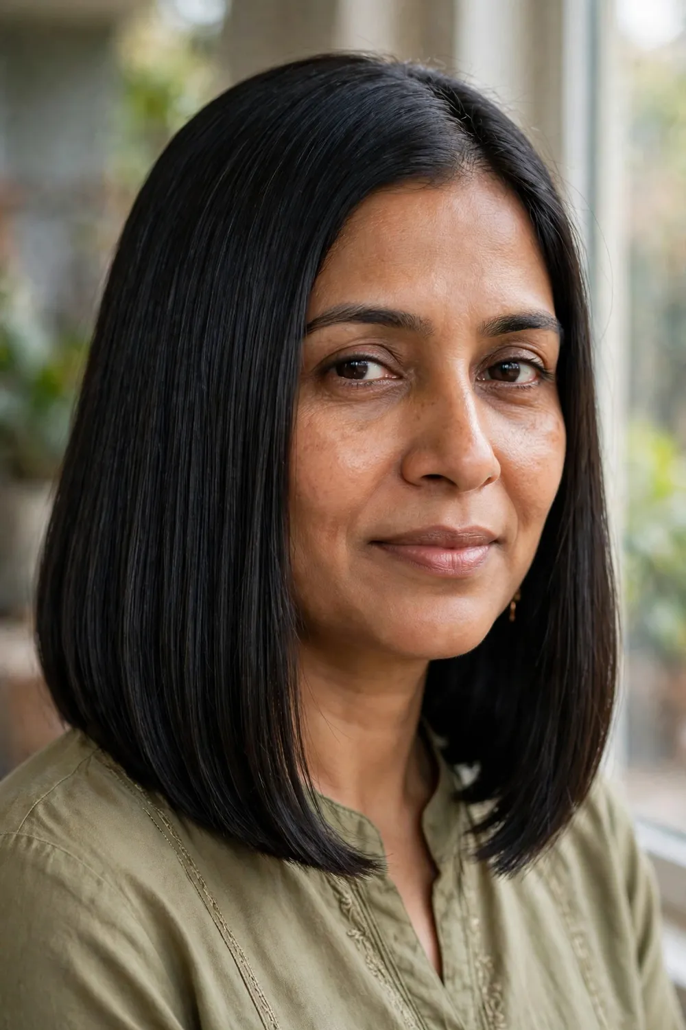 Woman with a jaw-length messy medium bob, structured layers with tousled finish