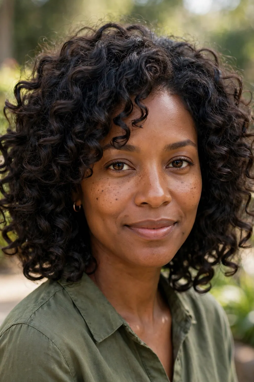 Woman with a layered curly medium bob, bouncy curls with shaped volume