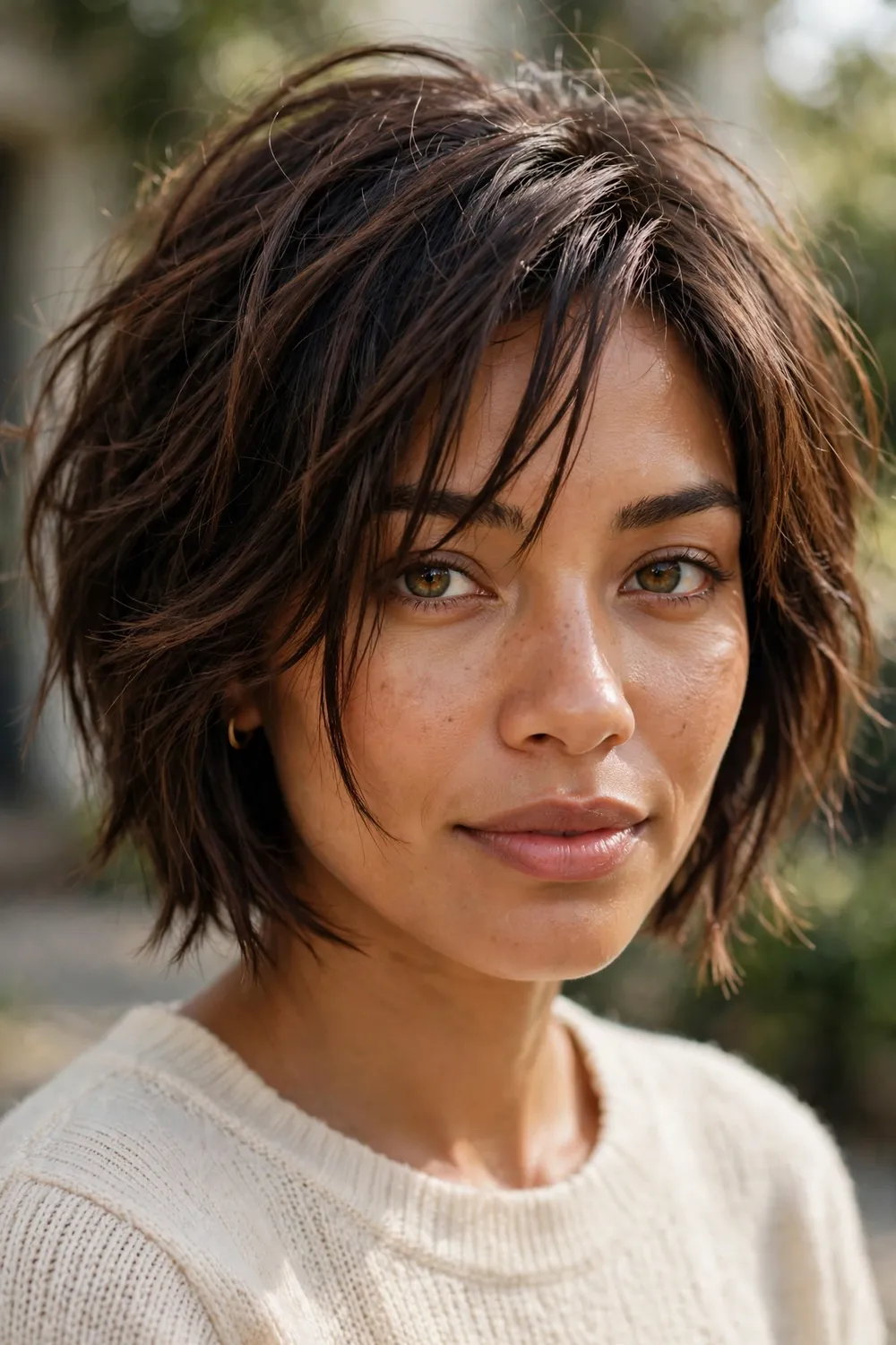 Woman with a messy angled medium bob, textured shape with pin-straight pieces