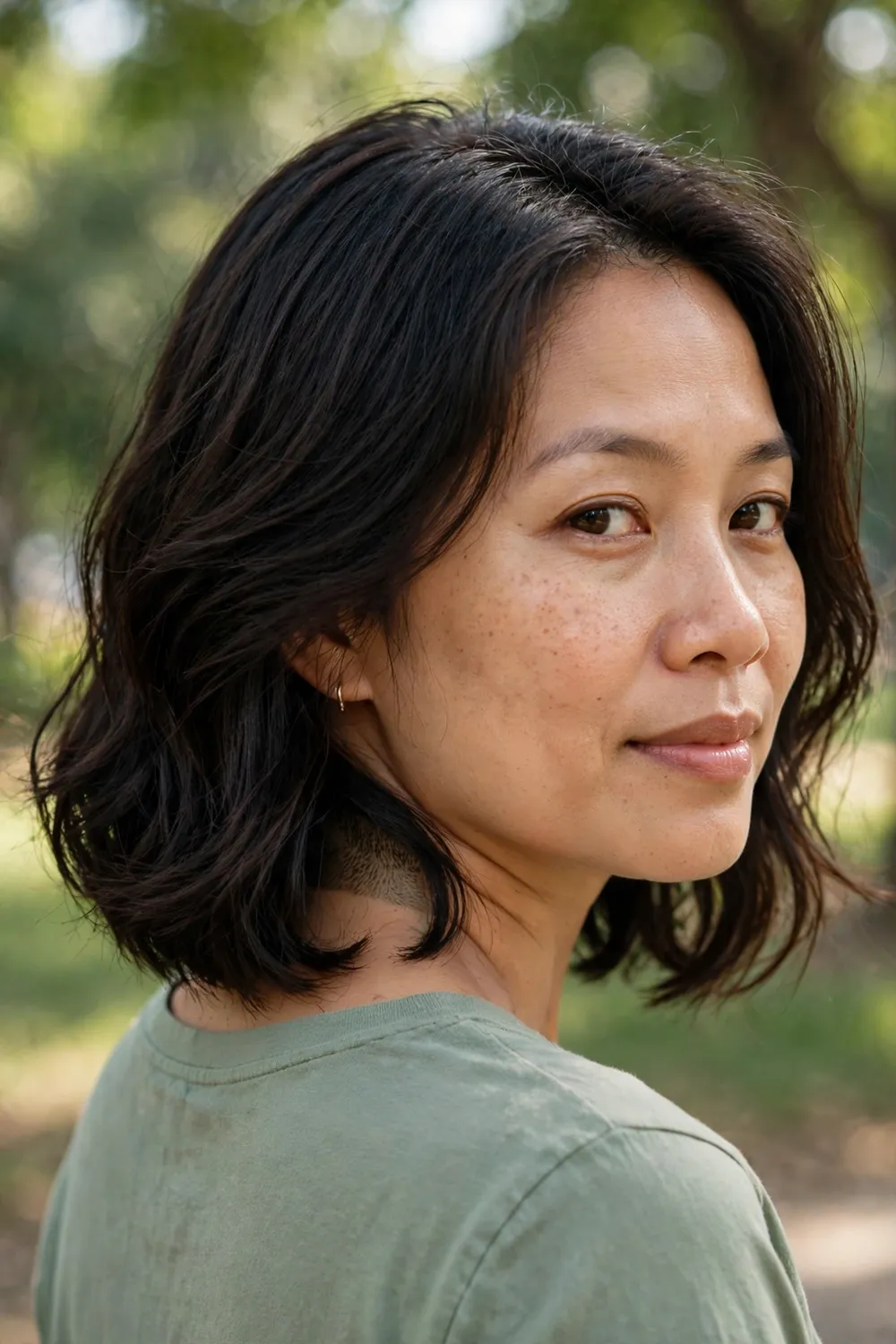 Woman with a medium bob revealing a hidden nape undercut, longer top layers covering it