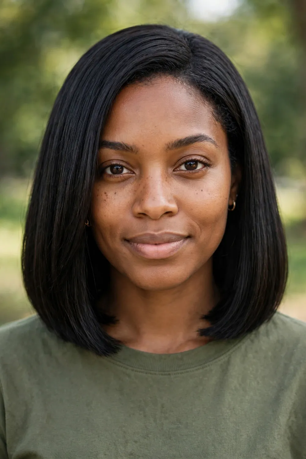 Woman with a one-length medium bob, even perimeter and balanced shape