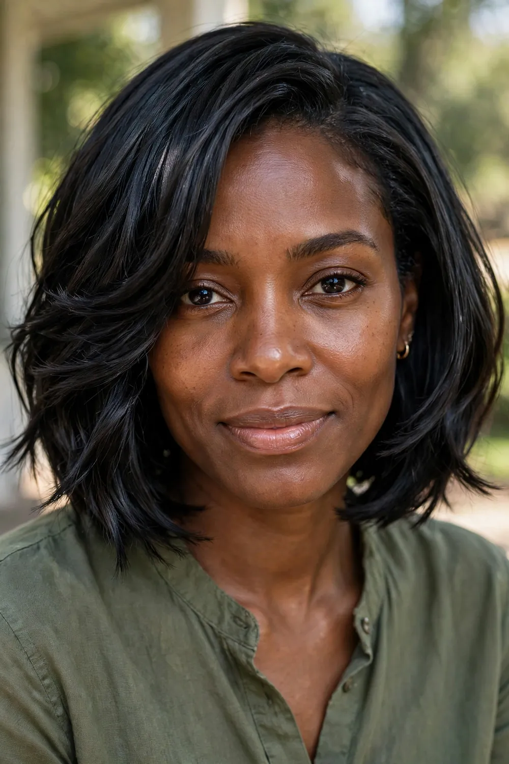 Woman with a razored glossy black medium bob, textured layers and mirror shine