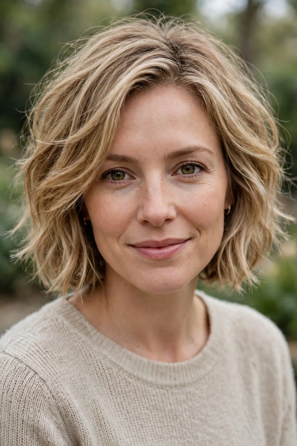 Woman with a relaxed layered medium bob, easy textured chin-length cut