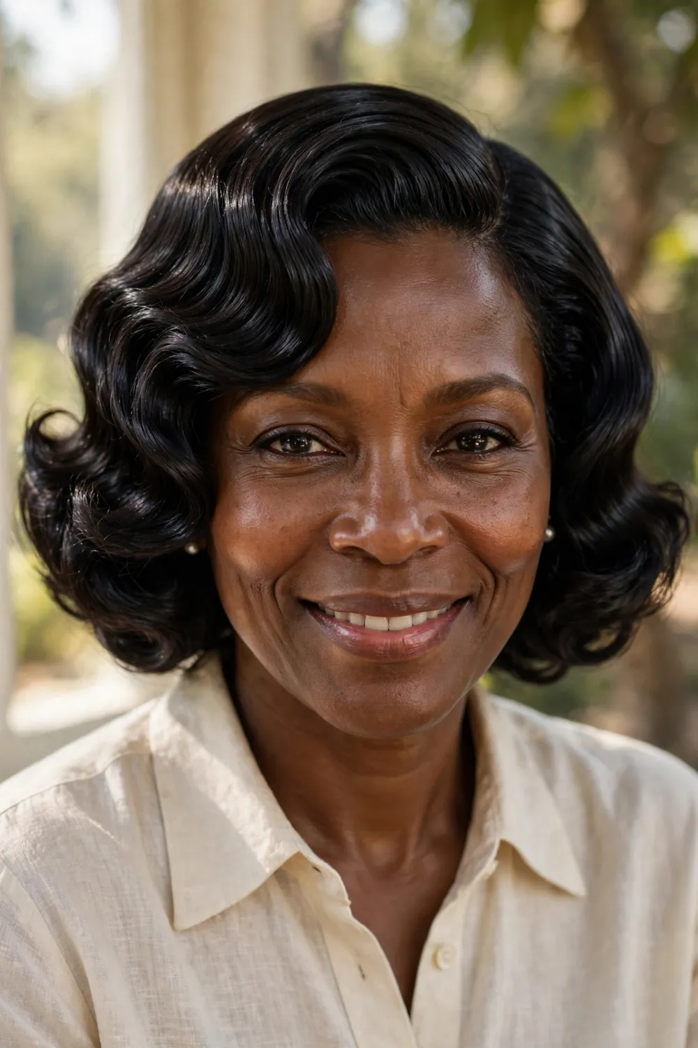 Woman with a retro waved medium bob, vintage-inspired sculpted waves