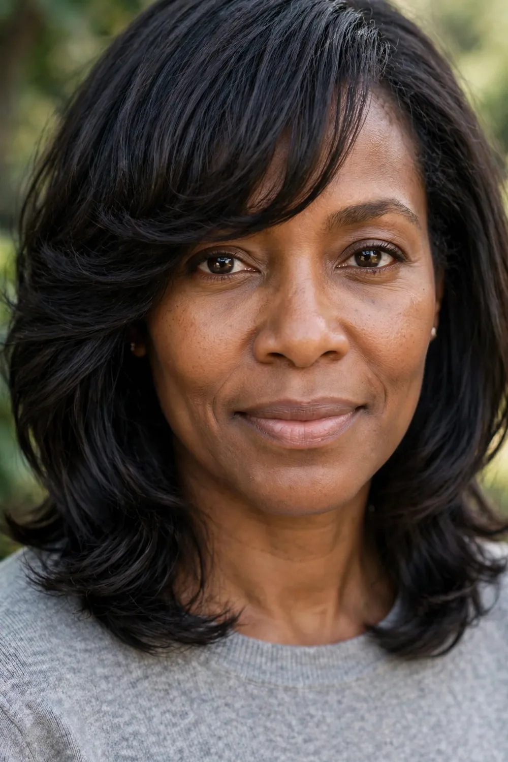 Woman with a side-swept medium bob, sweeping fringe and smooth silhouette
