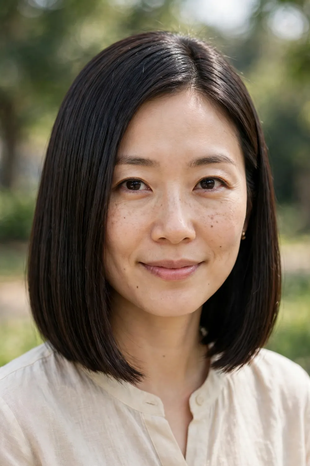 Woman with a sleek straight medium bob, blunt chin-to-shoulder cut with glossy finish