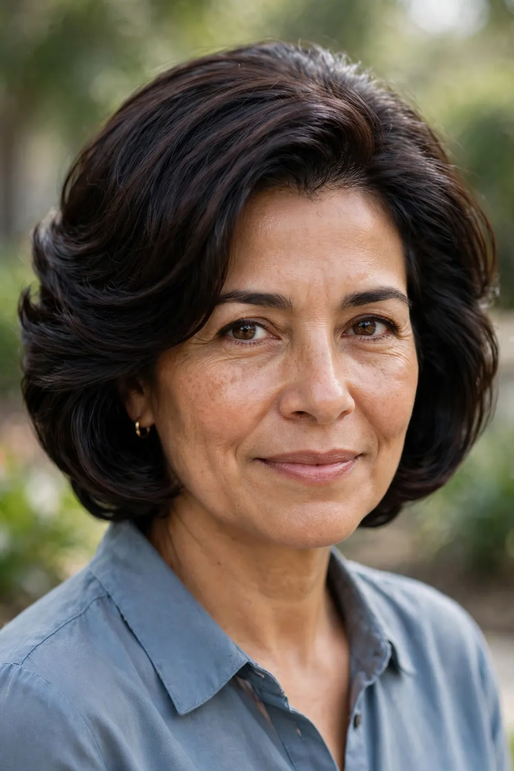 Woman with a stacked medium bob, graduated layers building volume at the back