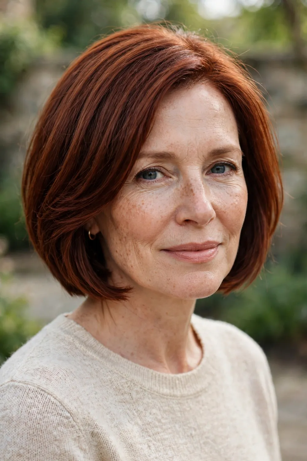 Woman with a tapered auburn medium bob, rich red-brown color and neat shape