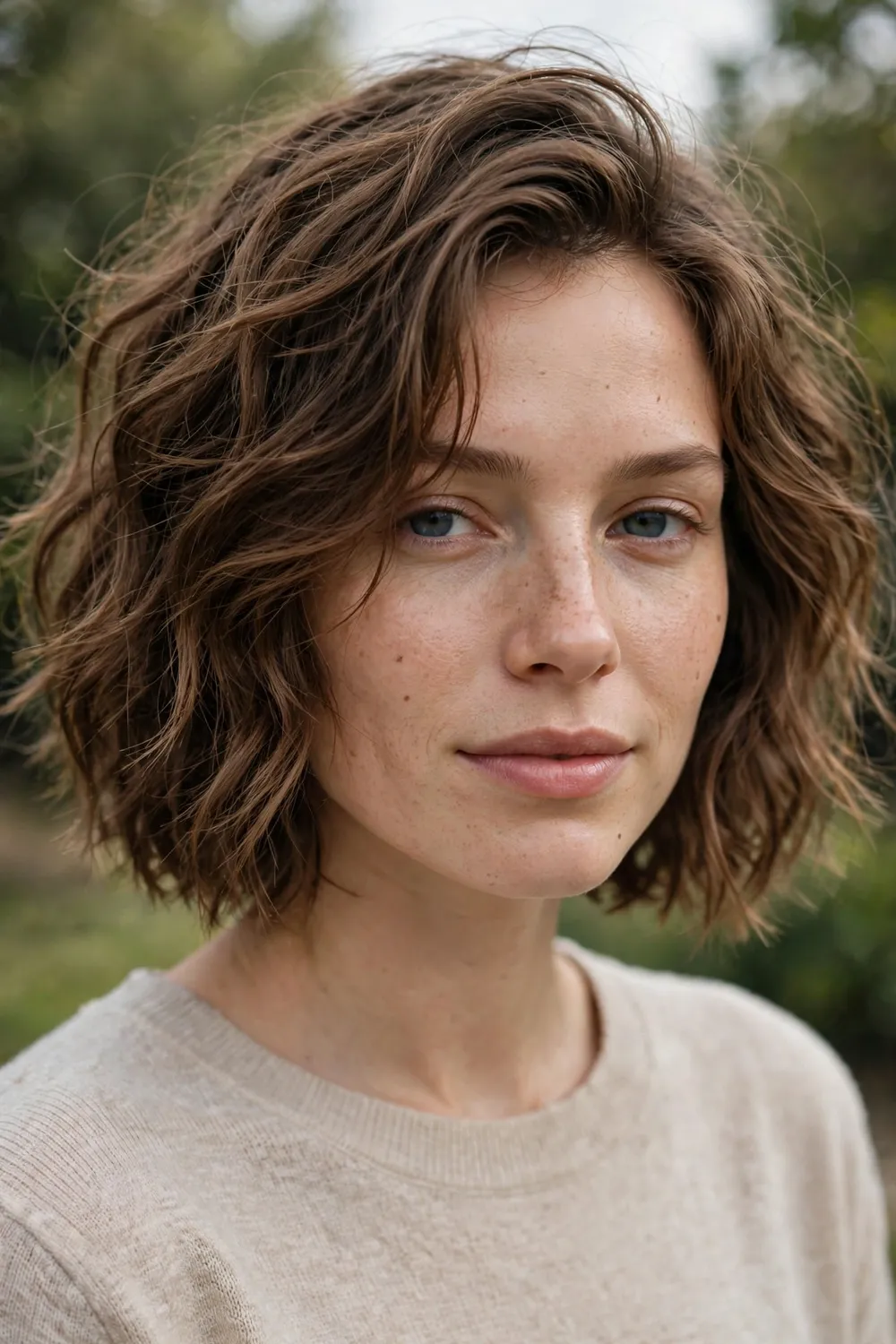 Woman with a textured wavy medium bob, tousled waves and piecey definition