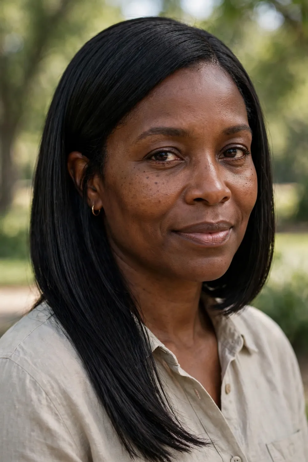 Woman with a medium bob tucked behind one ear, sleek asymmetric styling