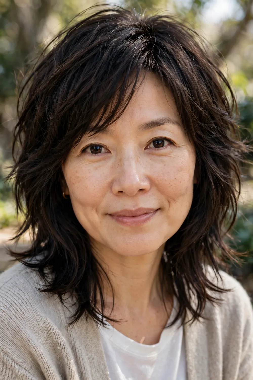 Woman with an uneven-layered medium bob, shattered layers and cheekbone-grazing length