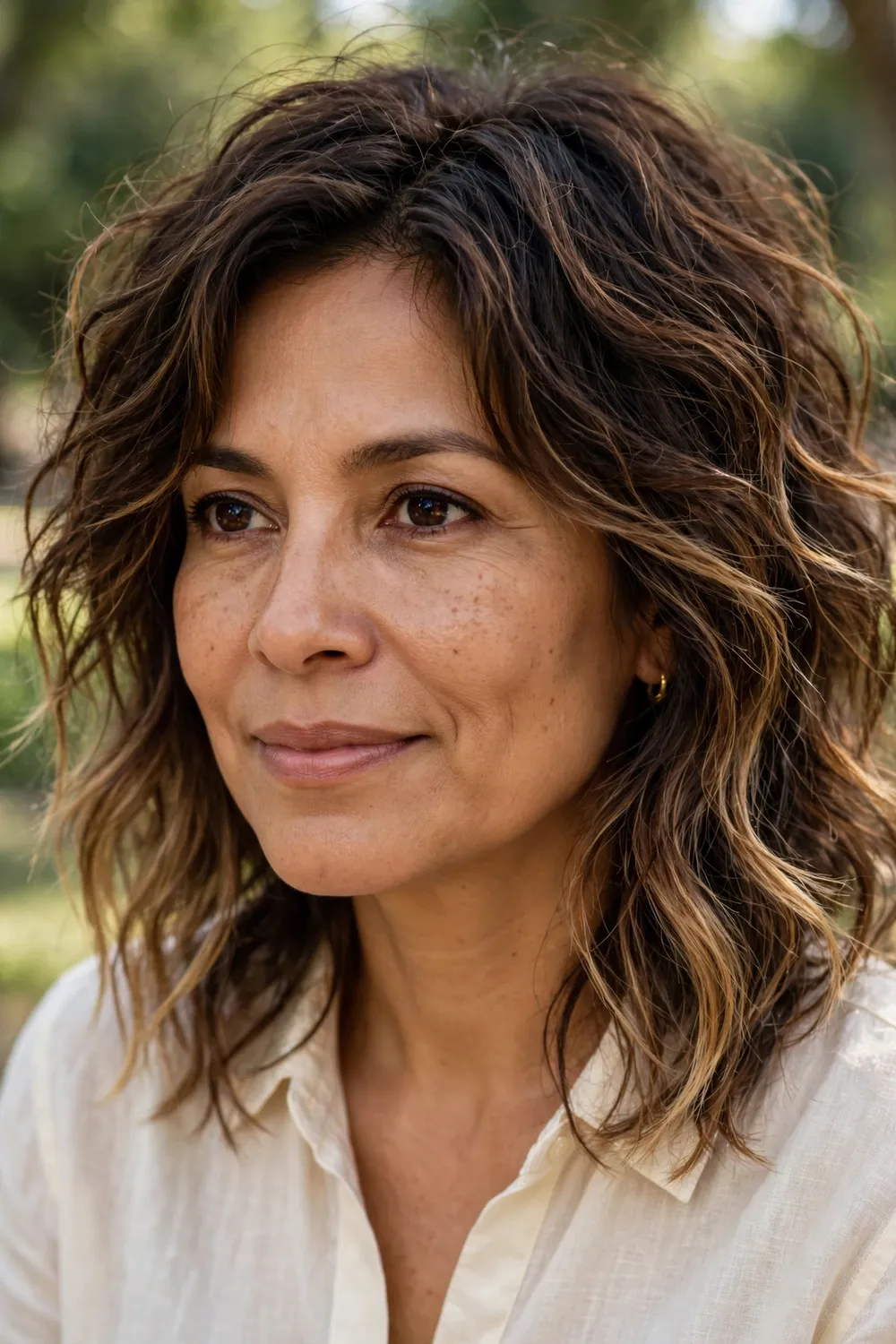 Woman with a wavy shaggy lob, disheveled waves and shag layers at longer length