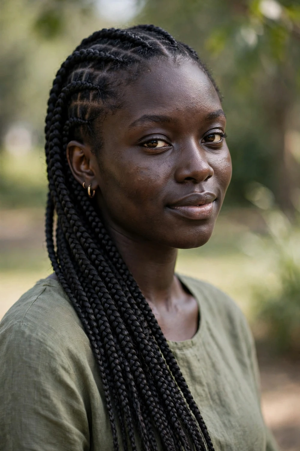 Black woman with shoulder-length box braids, neat parts, pulled to one side