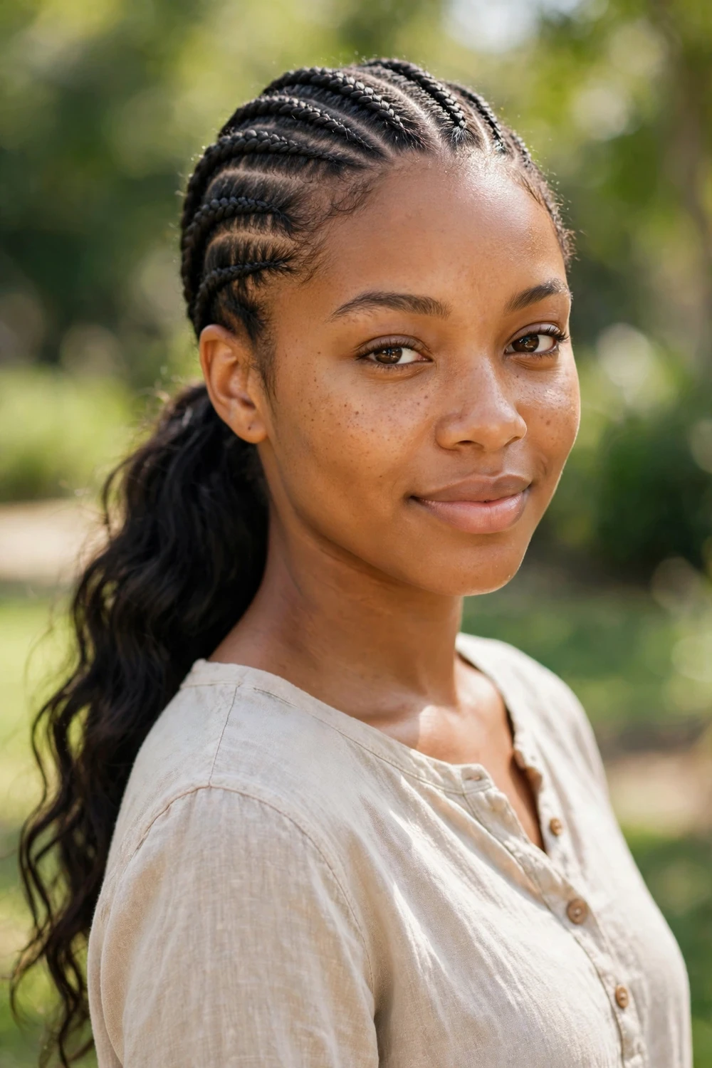Black woman with cornrows pulled into a medium-length ponytail with wavy ends
