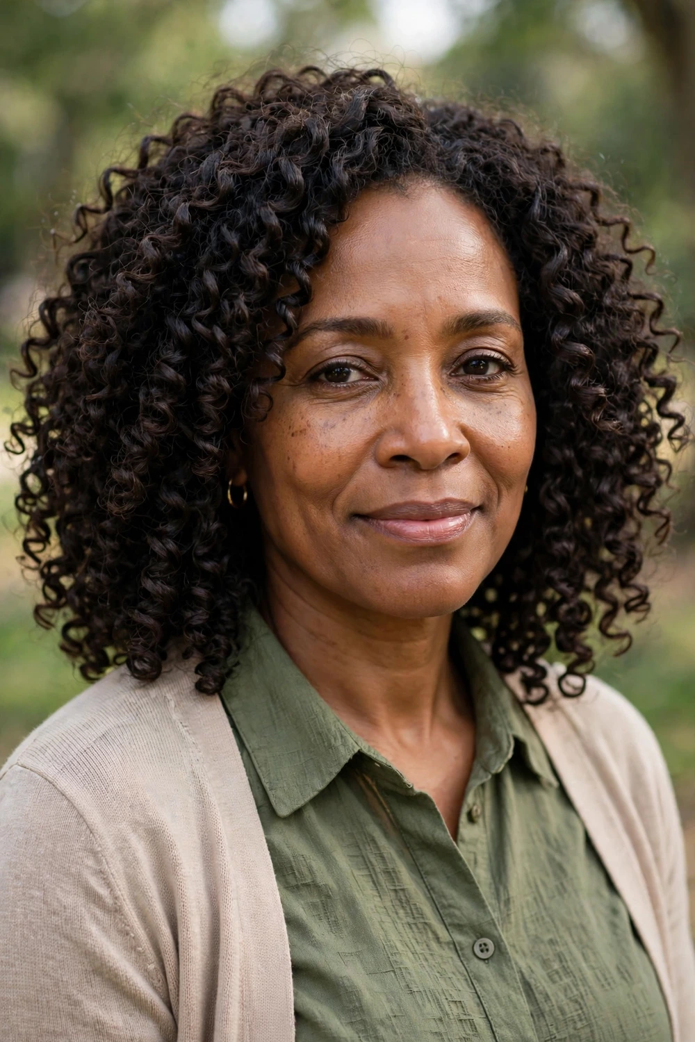 Black woman with medium-length crochet curls, full voluminous install