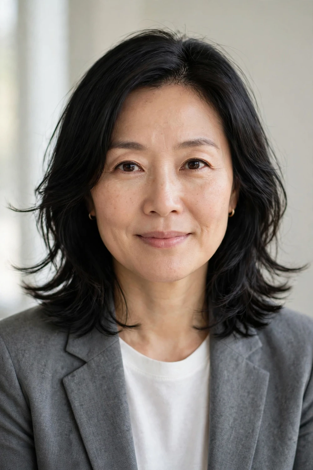 Oval-faced woman with a medium haircut featuring feathered layers