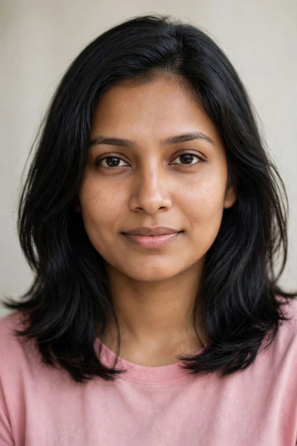 Oval-faced woman with a medium haircut featuring invisible internal layers